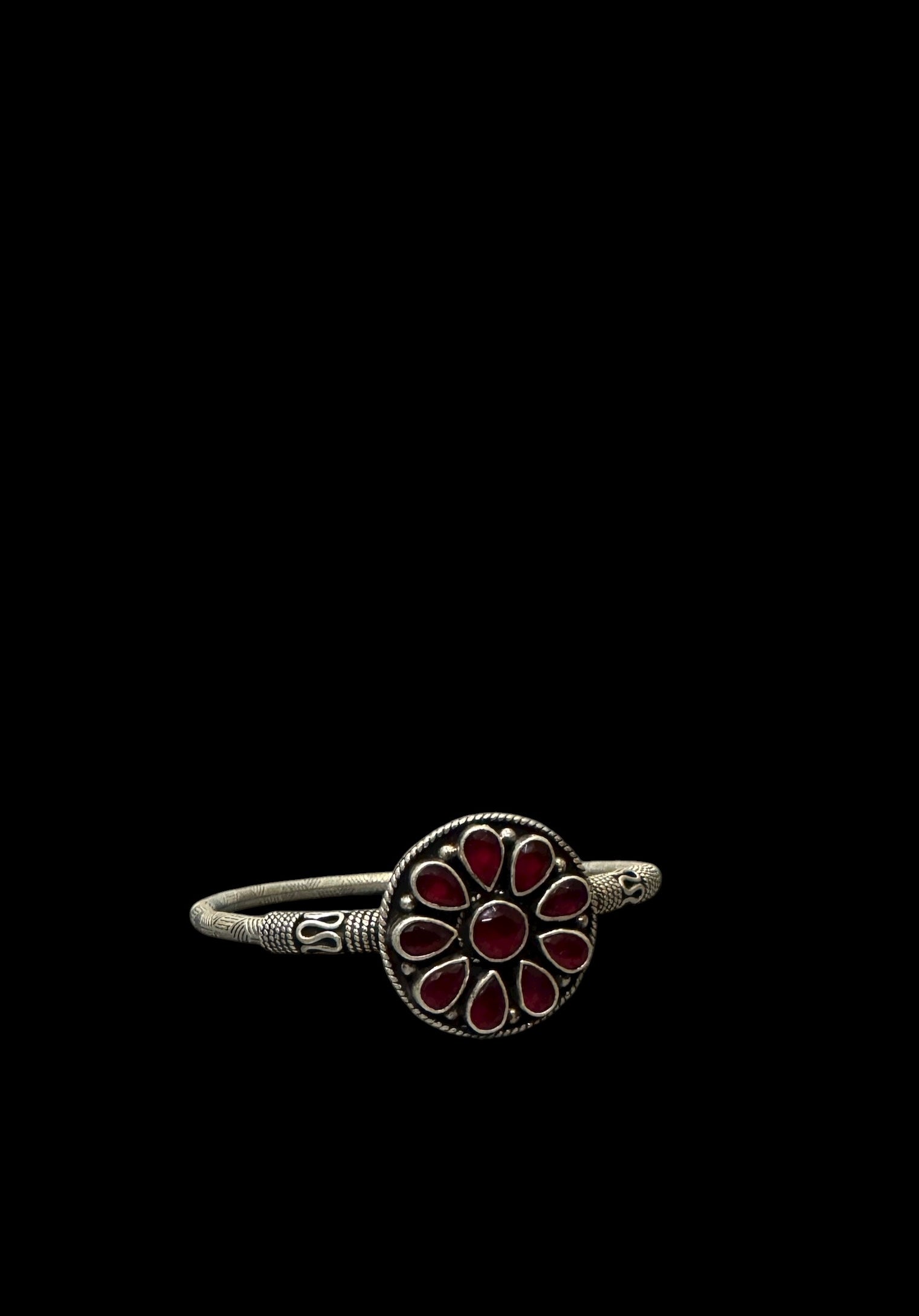 Oxidized Silver Red Stone Flower Bangle – Antique Statement Kada