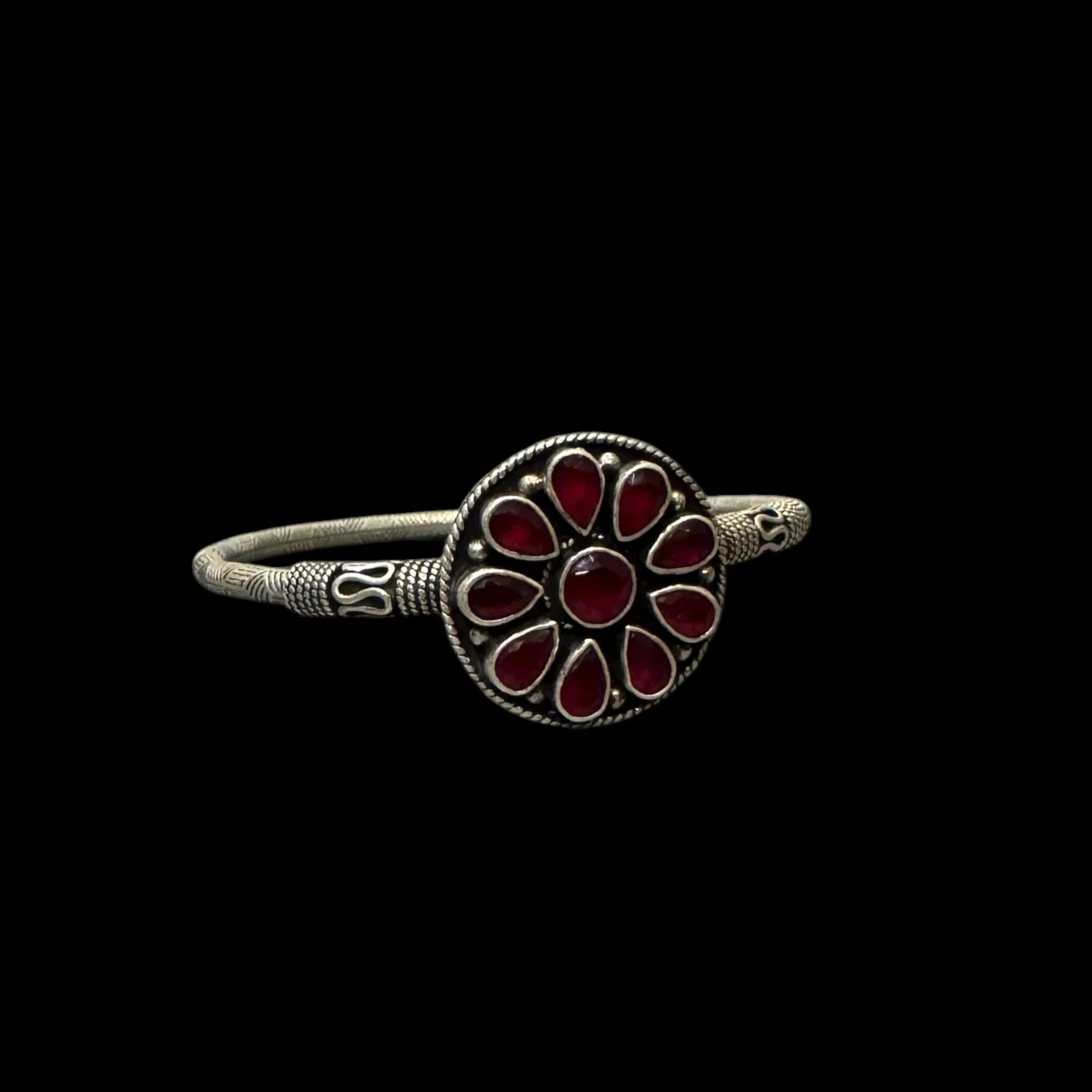 Oxidized Silver Red Stone Flower Bangle – Antique Statement Kada